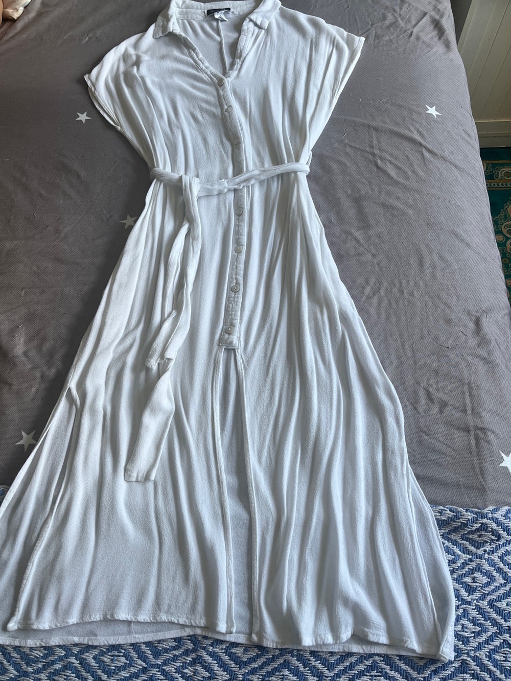 Another Story- Casual White Button-Front Maxi Dress with Tie Waist